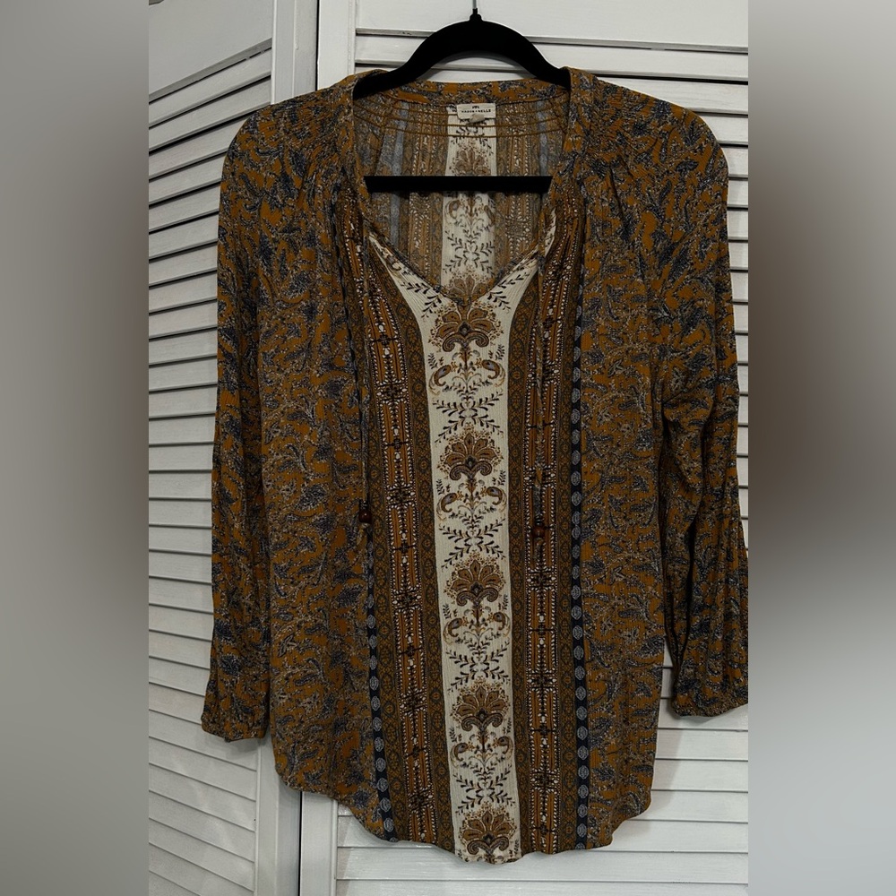 Bohemian Floral Print Blouse in Blue and Brown